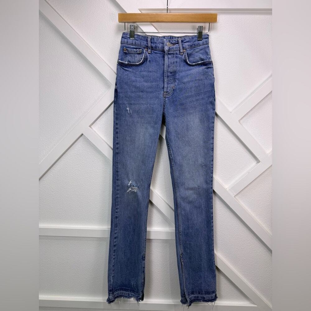 Free People We The Free Distressed Raw Hem Jeans Blue Slim Ankle Frayed Denim 26
